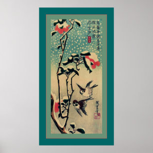 Sparrows and Camellia in Snow ~ Vintage Japanese Poster