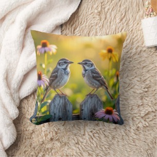 Sparrows and Cone Flowers By a Wood Fence Cushion