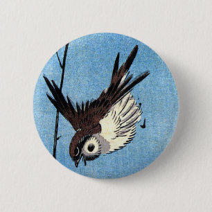 Sparrows and Wild Rose, Hiroshige 6 Cm Round Badge
