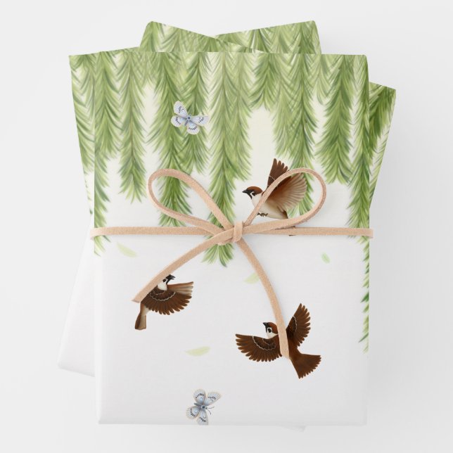 Sparrows & Butterflies Under a Weeping Willow Wrapping Paper Sheet (In situ)