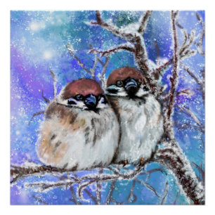 Sparrows Couple In Winter Poster - Painting