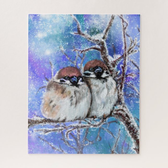 Sparrows Couple In Winter Puzzle Painting (Vertical)