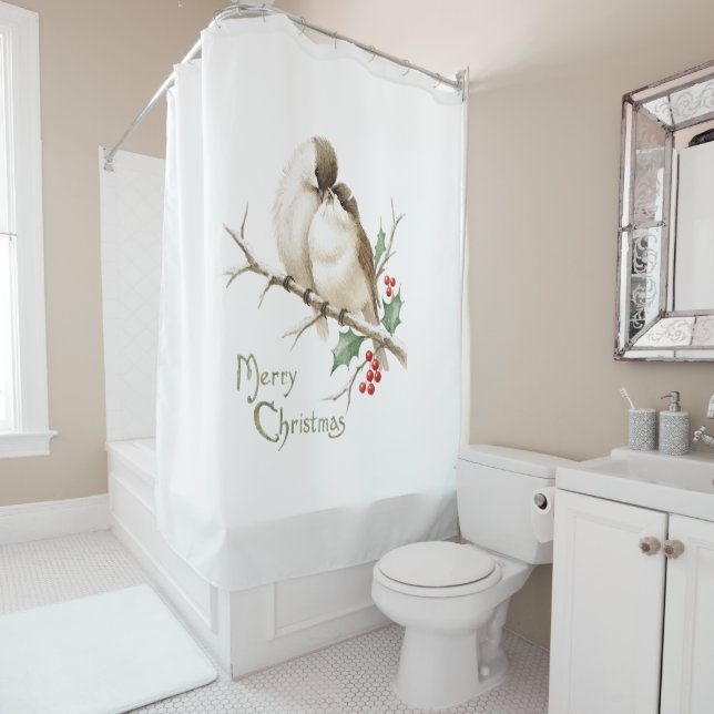 Sparrows on a Christmas Branch Shower Curtain (In Situ)