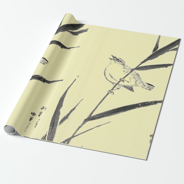 SPARROWS ON BRANCHES YELLOW WRAPPING PAPER (Unrolled)