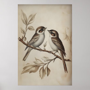 Sparrows on Tree Print, Sparrow Rustic Cottagecore Poster