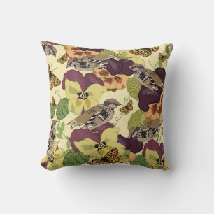 Sparrows & Pansies – Vintage Nature Throw Pillow