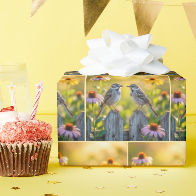 Sparrows Perched On Picket Fence Wrapping Paper (Birthday Party)