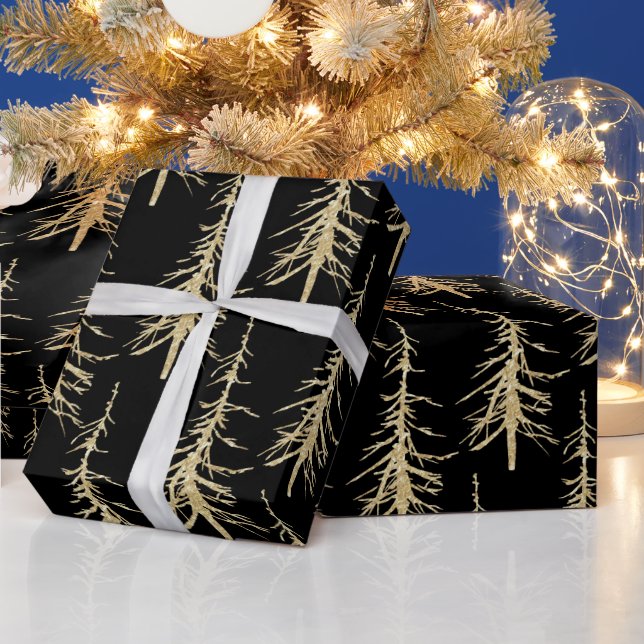 Sparse Gold Pine Trees On Black Elegant Wrapping Paper (Holidays)