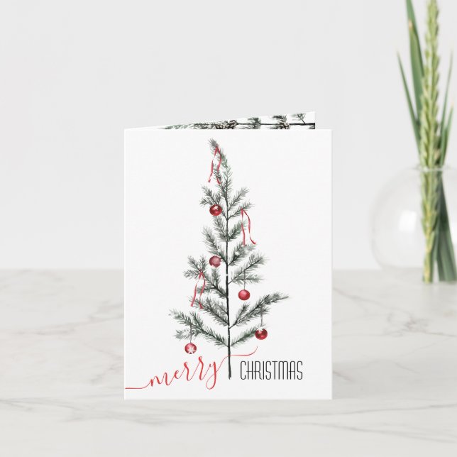 Sparse Twig Tree Red Ornaments Merry Christmas Holiday Card (Front)