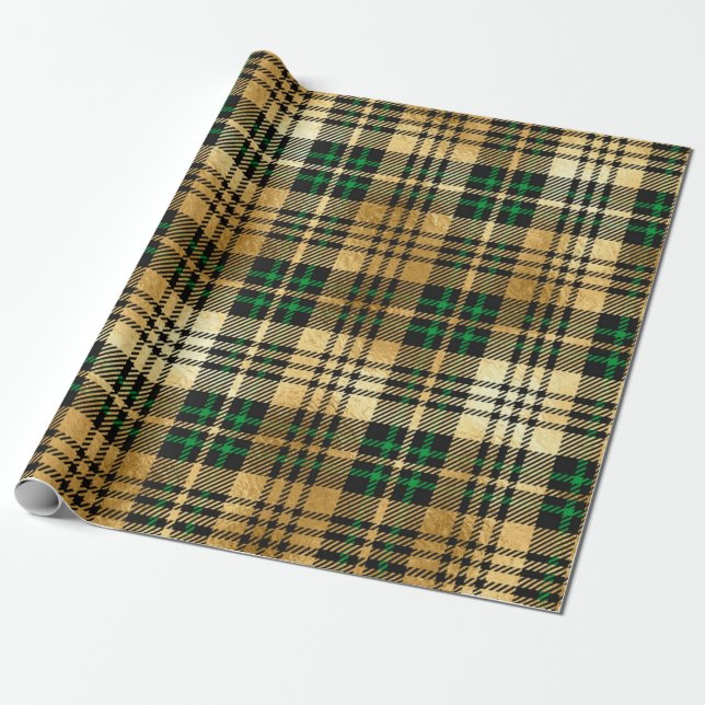 Spartan Plaid Dark Green And Faux Gold Christmas Wrapping Paper (Unrolled)