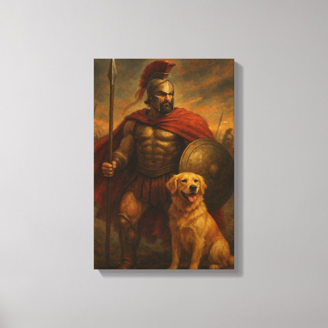 Spartan Warrior with Loyal Dog in Battle Scene Canvas Print (Front)