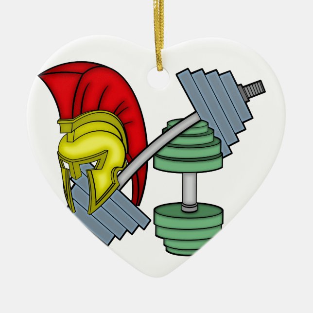 Spartan's helmet on gym equipment ceramic tree decoration (Front)