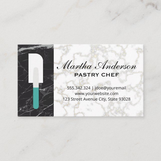Spatula | Gold White Marble | Black Marble Business Card (Front)