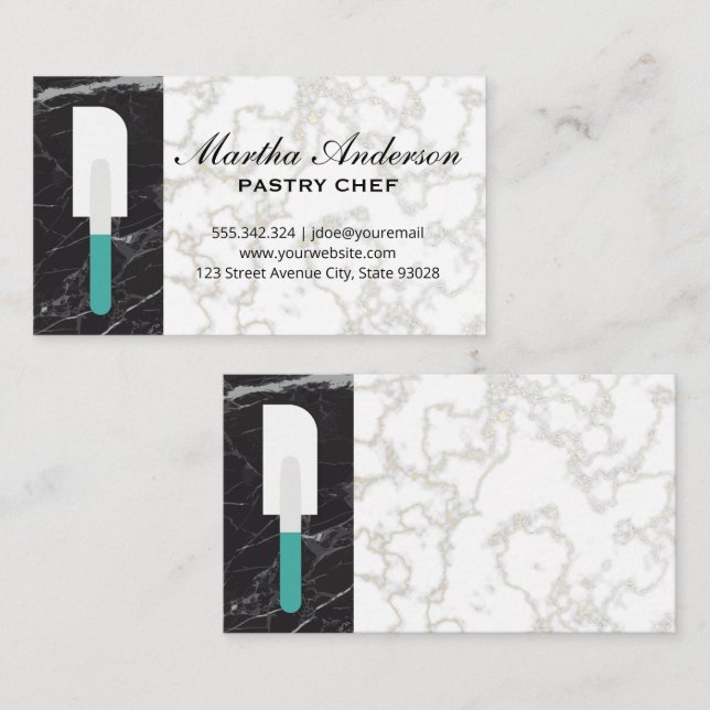 Spatula | Gold White Marble | Black Marble Business Card (Front/Back)
