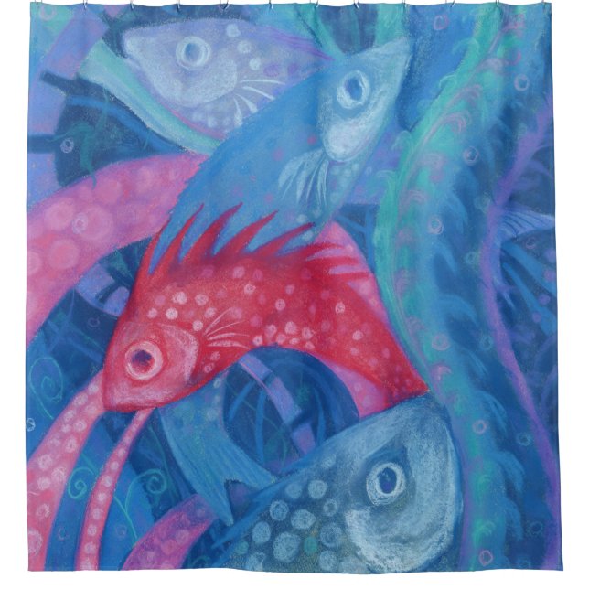 Spawning, Fish Underwater Art Painting Pink Blue Shower Curtain (Front)