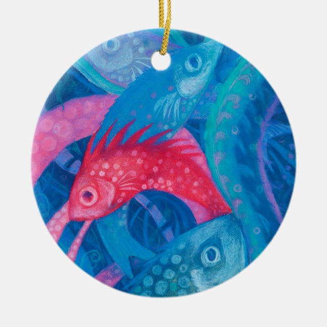 Spawning, fish, underwater art, pastel, blue, pink ceramic tree decoration (Front)
