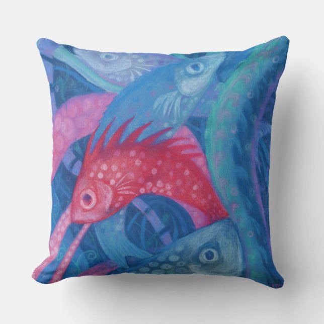 Spawning, fish, underwater art, pastel, blue, pink cushion (Front)