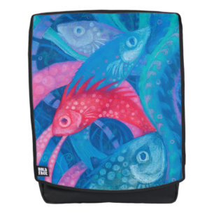 Spawning, fishes, underwater art, blue, pink, mint backpack