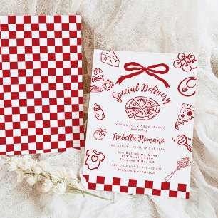 Speacial Delivery Whimsical Bow Pizza Baby Shower Invitation