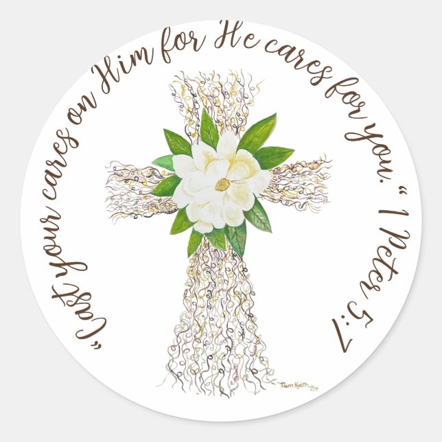 Speak Jesus Cross with Magnolia Classic Round Sticker (Front)