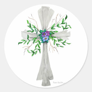 Speak Jesus Grey Cross with Flowers Classic Round Sticker