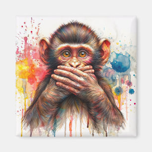 Speak No Evil Monkey Vibrant Watercolor Art Magnet