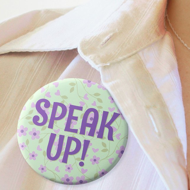 Speak Up Cute Purple Floral Hard of Hearing  3 Cm Round Badge (In Situ of purple and green floral badge with cute text that says "Speak Up!")