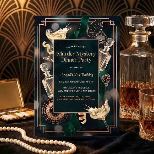 Speakeasy Murder Mystery Dinner Birthday Party Invitation (Speakeasy Murder Mystery Birthday – Art Deco Black & Gold, Champagne, Personalized)