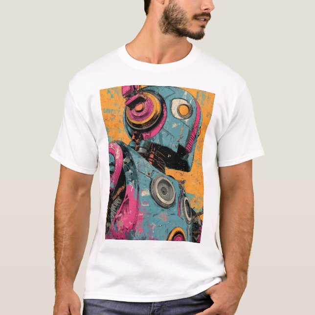 Speaker-Bot with Pink Headphones — Retro-Futurist  T-Shirt (Front)