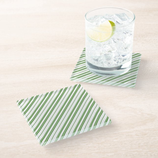 Spearmint Candy Cane Christmas Stripes Glass Coaster (Angled)
