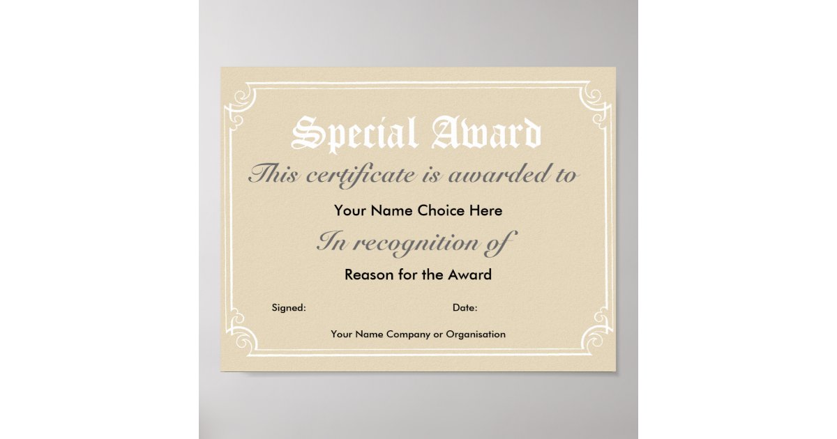 Special Award Certificate Poster Zazzle.co.uk