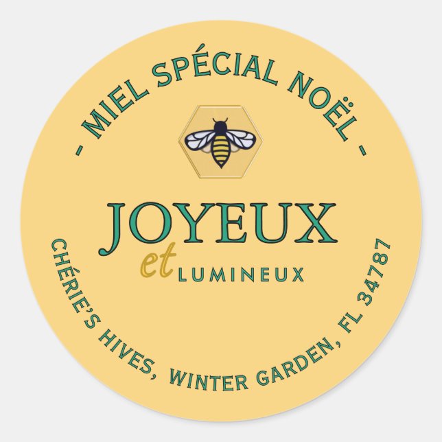 Special Christmas Honey French Honeybee in Hexagon Classic Round Sticker (Front)