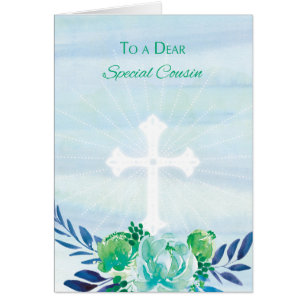 Special Cousin Teal Blue Flowers with Cross Easter