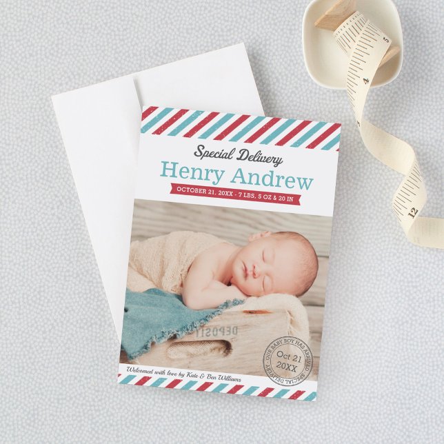 Special Delivery Baby Boy Aqua and Red Photo Birth Announcement (Creator Uploaded)