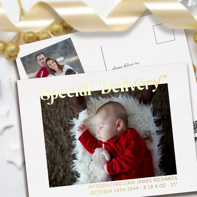 Special Delivery Baby First Christmas Photo Gold Foil Holiday Postcard (Creator Uploaded)