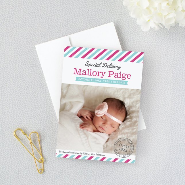 Special Delivery Baby Girl Aqua Pink Photo Birth Announcement (Creator Uploaded)