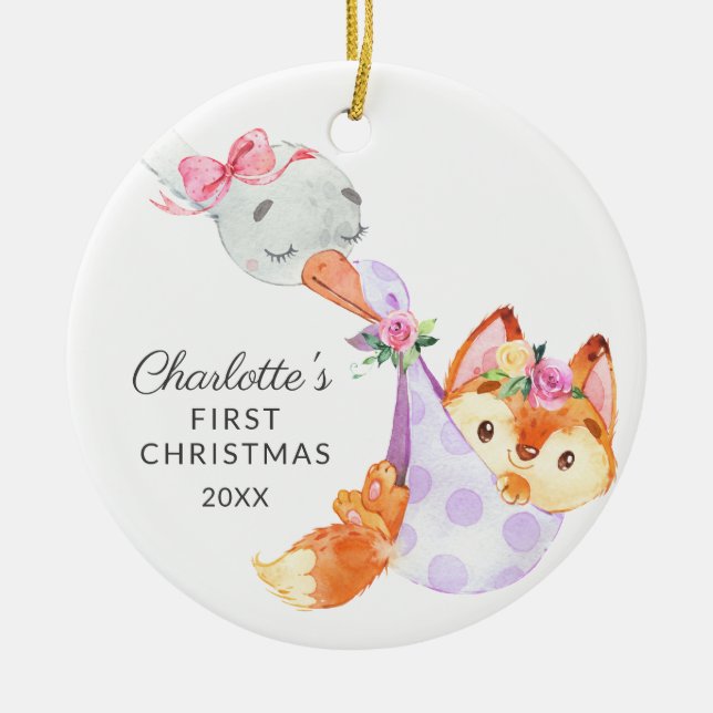 Special Delivery Baby's First Christmas fox Ceramic Tree Decoration (Front)