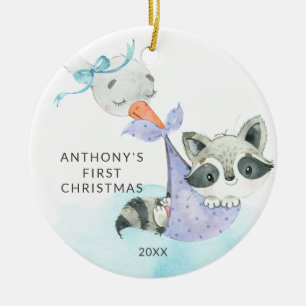 Special Delivery Baby's First Christmas Raccoon Ceramic Tree Decoration