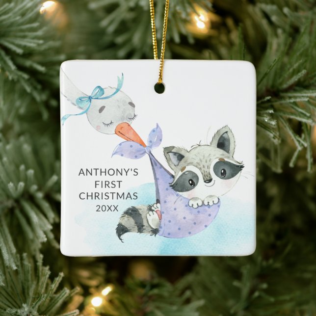 Special Delivery Baby's First Christmas Racoon Ceramic Ornament (Tree)