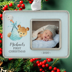 Special Delivery Bear First Christmas Photo Silver Plated Framed Ornament