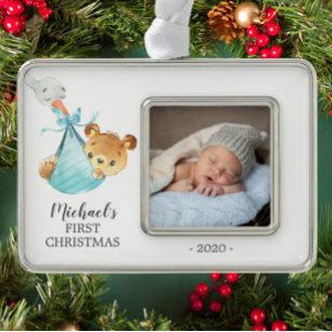 Special Delivery Bear First Christmas Photo Silver Plated Framed Ornament