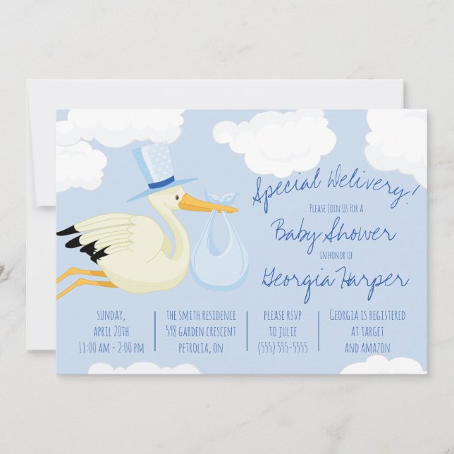 Special Delivery!  Blue Stork Baby Shower Invitation (Front)