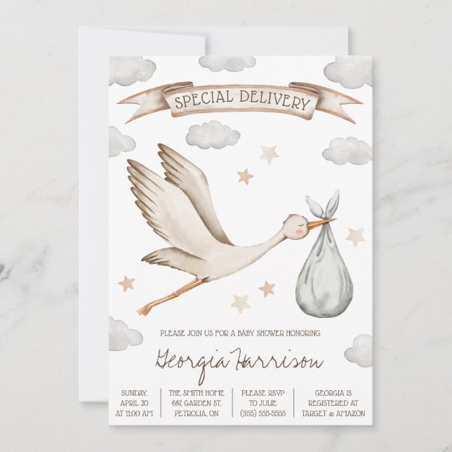 Special Delivery!  Brown and Tan Stork Baby Shower Invitation (Front)