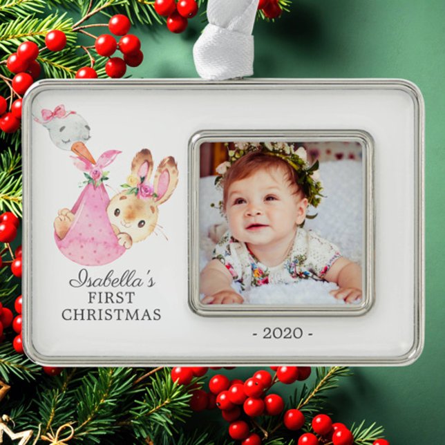 Special Delivery Bunny First Christmas Photo Silver Plated Framed Ornament (Creator Uploaded)