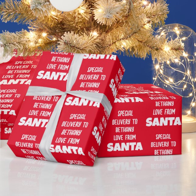 Special Delivery Child Name From Santa White Red Wrapping Paper (Holidays)