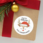 Special Delivery Christmas Cute Kids Reindeer  Classic Round Sticker<br><div class="desc">A cute reindeer face with a santa hat decorates this sticker with the words Merry Christmas. Fun for decorating Christmas gifts and holiday treat bags for neighbours. Personalise it with your name. Designed for you by Blackberry Boulevard.</div>