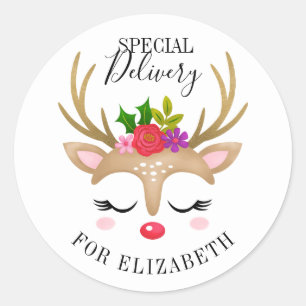 Special Delivery Christmas Cute Reindeer Face Classic Round Sticker