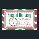 Special Delivery Christmas sticker gift tag<br><div class="desc">Special Delivery from the North Pole Christmas Gift tag Stickers.Festive red and green design with red and white chevron zigzag pattern, Ornate fancy border, a round tag with "Priority post from the North Pole', Space for the kid's name (leave blank if you want to handwrite different names on the stickers)...</div>