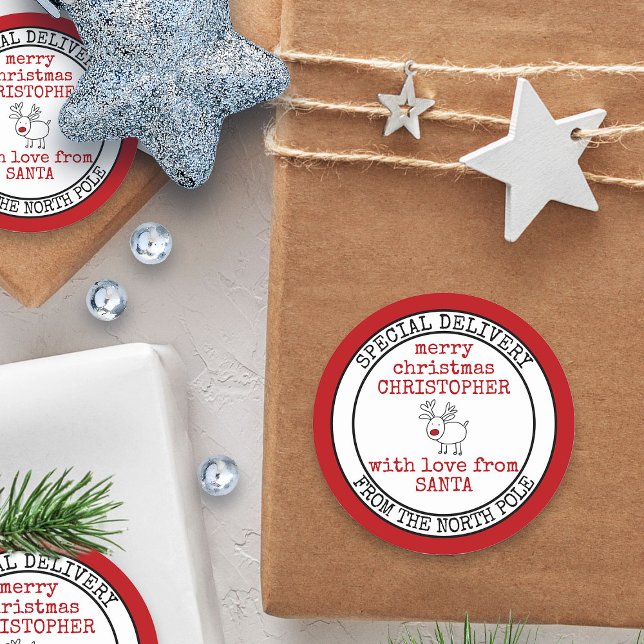 Special Delivery from North Pole Custom Santa Classic Round Sticker (Special Delivery from the North Pole Sticker - personalized with child's name)