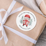 Special Delivery From Santa Kids Christmas Classic Round Sticker<br><div class="desc">Kids christmas stickers featuring a minimilist white background,  elegant watercolor pine trees,  santa claus holding a gift,  and a text template for you to personalise.</div>